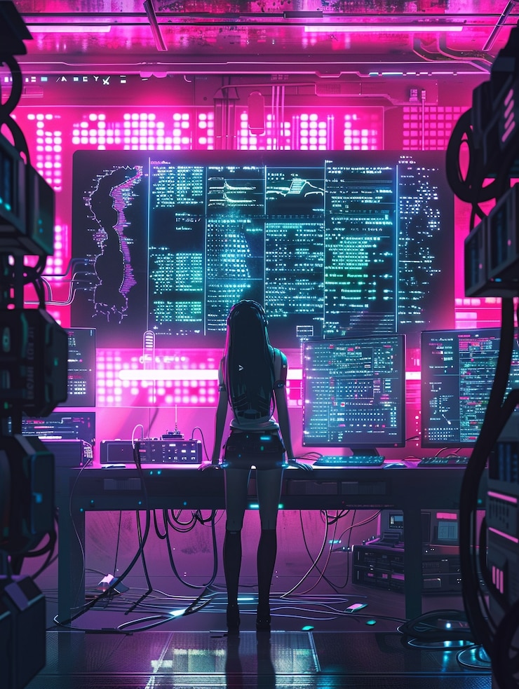 Foto gratuito expertos en ciberseguridad trabajando con dispositivos tecnológicos y luces de neón