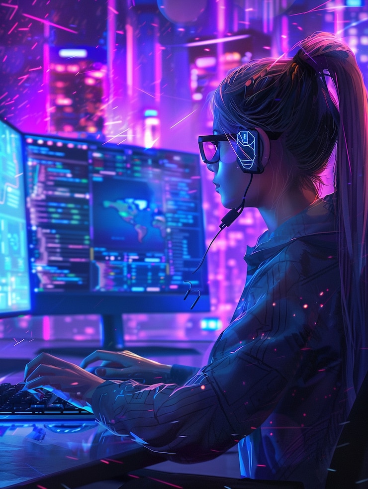 Foto gratuito expertos en ciberseguridad trabajando con dispositivos tecnológicos y luces de neón