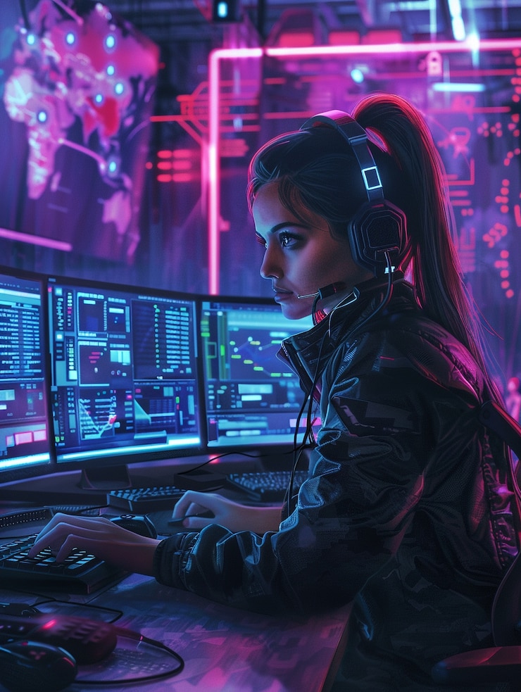 Foto gratuito expertos en ciberseguridad trabajando con dispositivos tecnológicos y luces de neón