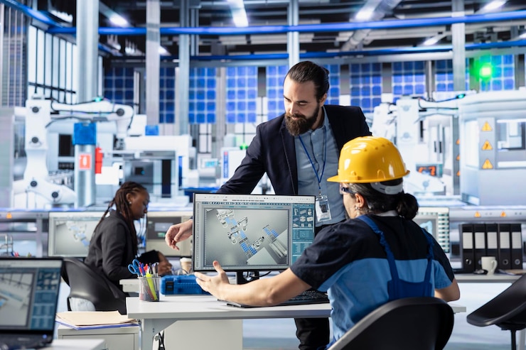 Foto gratuito expertos de fábricas fotovoltaicas diagnosticando problemas de rendimiento del equipo