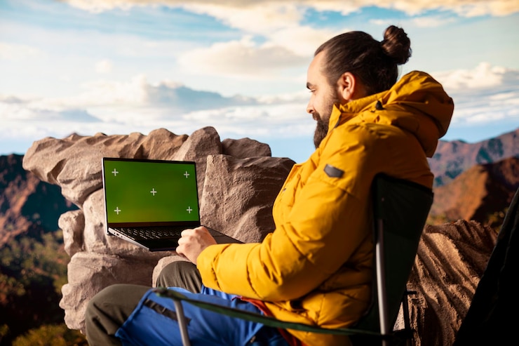 Foto gratuito explorador emocionado disfrutando de la belleza panorámica con una pantalla verde