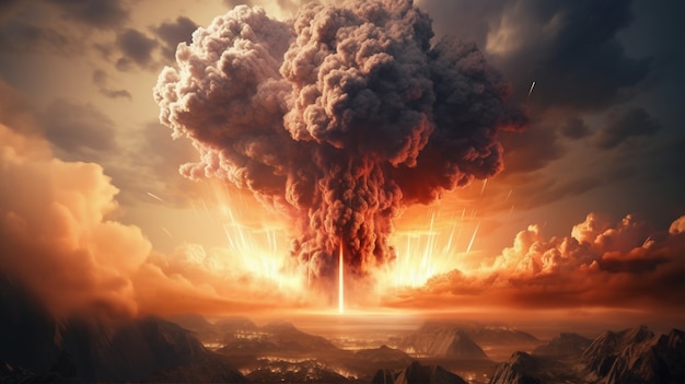 Explosión de bomba nuclear apocalíptica aterradora con hongo