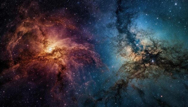 Explosión de supernova crea forma de estrella brillante en paisaje de galaxia espiral generado por IA