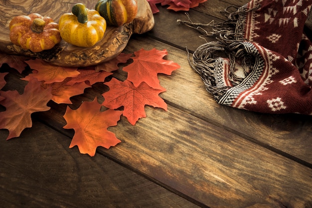 Exquisito arreglo de otoño con calabazas y bufanda