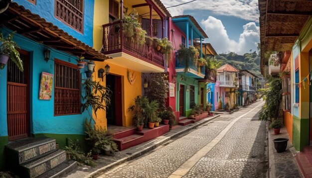 Exterior de edificio caribeño de colores vibrantes con maceta generada por IA