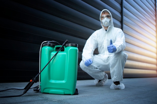 Exterminador en uniforme protector blanco de pie junto al depósito con productos químicos y pulverizador