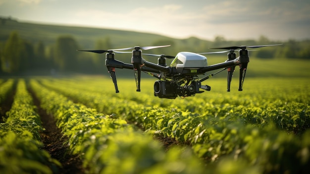 Exuberantes tierras de cultivo verdes siendo inspeccionadas por un dron para agricultura de precisión