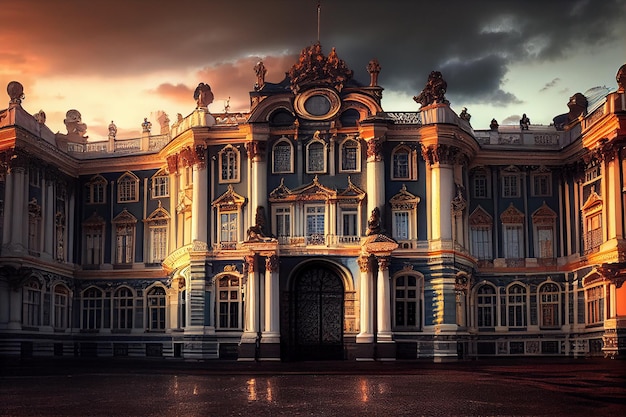 Fachada de edificio famoso de arquitectura iluminada en AI generativo del atardecer