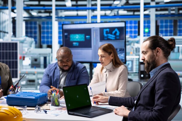 Factory researchers reviewing system health metrics with mockup laptop