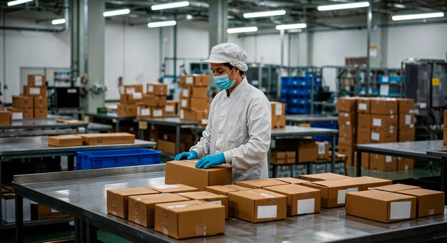 Factory worker packaging boxes