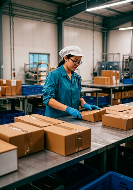 Factory worker packaging cardboard boxes