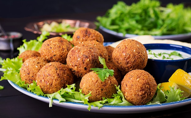 Falafel, hummus y pita. Platos de oriente medio o árabe. Comida halal.