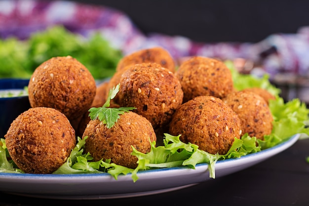 Falafel, hummus y pita. Platos de oriente medio o árabe. Comida halal.