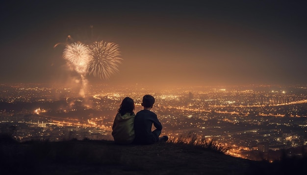 La familia abraza el amor y la alegría bajo los fuegos artificiales generados por IA