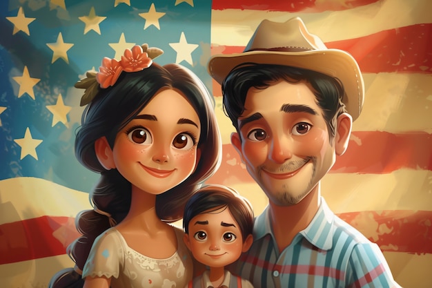 Familia con la bandera estadounidense para nosotros celebración del día nacional de la lealtad