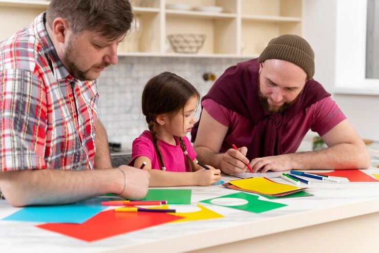 Foto gratuito familia feliz de dos papás y un bebé