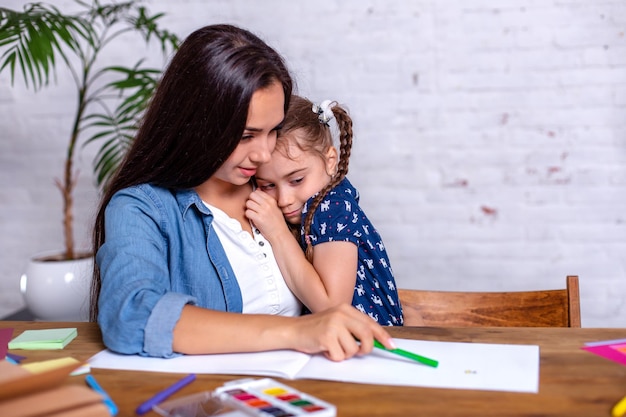 Familia feliz madre e hija juntas dibujan con marcadores. La mujer ayuda a la niña.