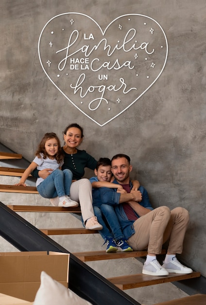 Foto gratuita familia feliz de tiro completo posando en las escaleras