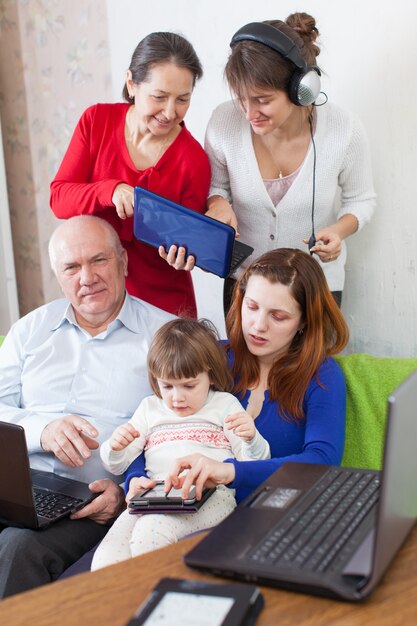 Familia feliz utiliza varios dispositivos electrónicos en el hogar