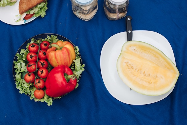 Familia haciendo un picnic en la manta. cruasanes caseros y sándwiches con limonada. El hombre está cortando una sandía amarilla.