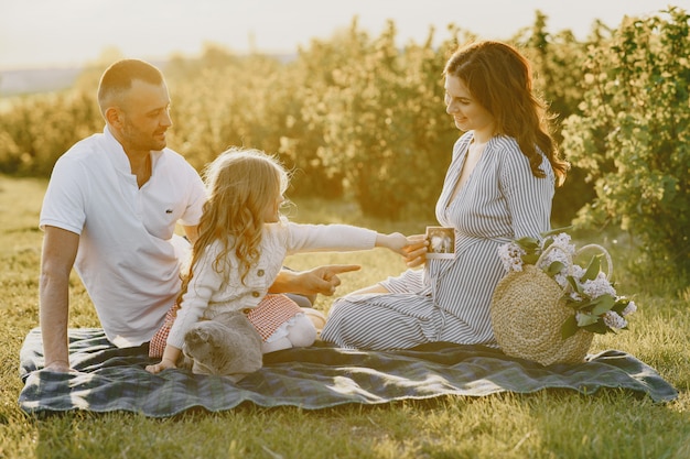 Familia con hija pequeña pasar tiempo juntos en campo soleado