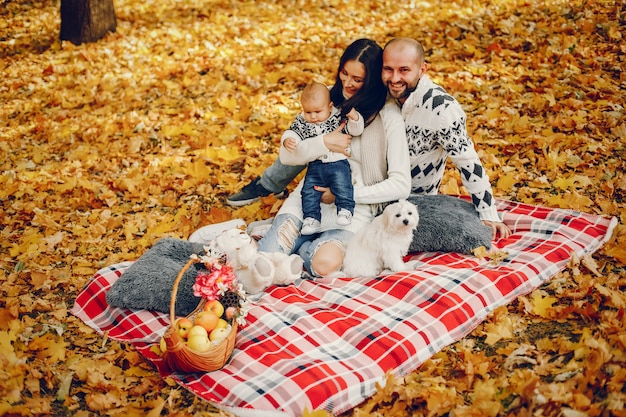 Familia con hijo en un parque de otoño