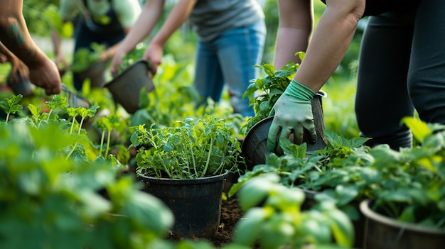 Familia en el jardín plantando vegetación juntos