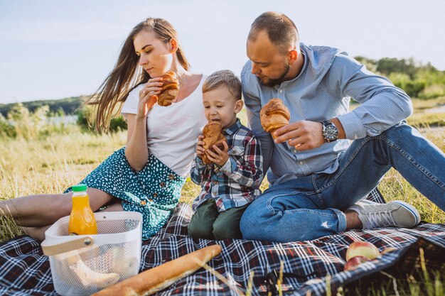 Familia joven con pequeño hijo haciendo picnic en el parque