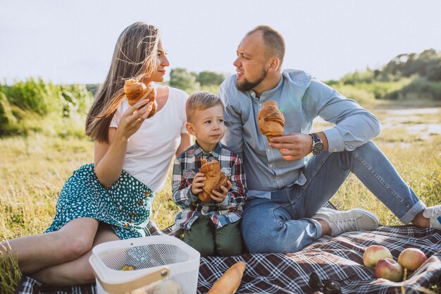 Familia joven con pequeño hijo haciendo picnic en el parque