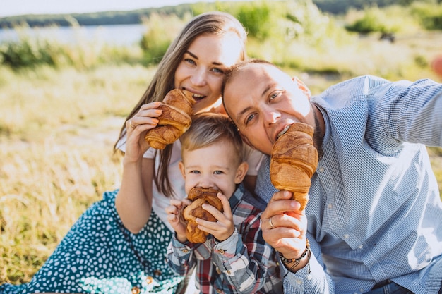 Familia joven con pequeño hijo haciendo picnic en el parque