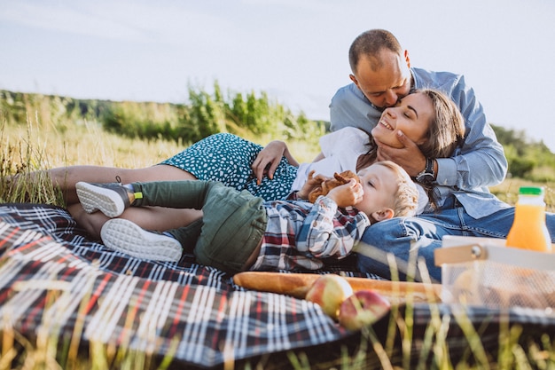 Familia joven con pequeño hijo haciendo picnic en el parque