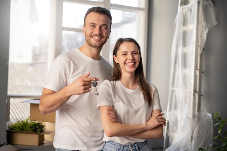 Foto gratuito familia joven que se muda a una nueva casa