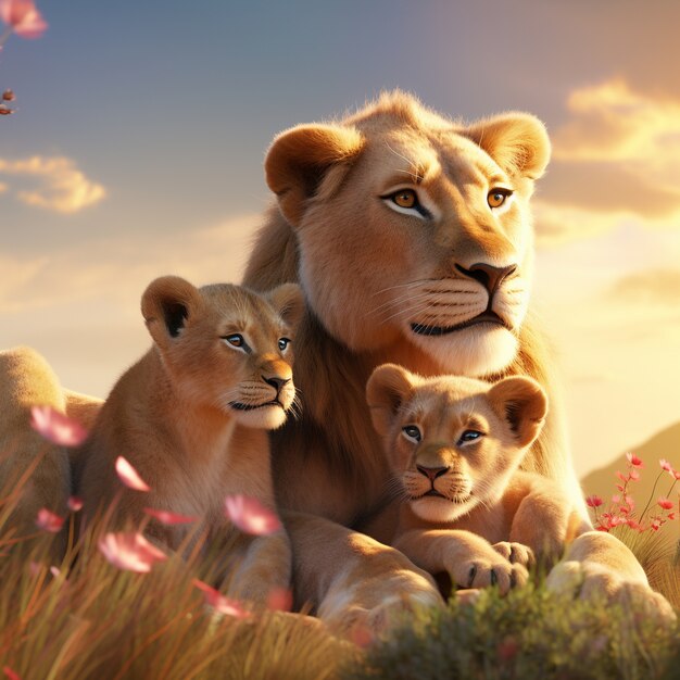 Familia de leones al aire libre