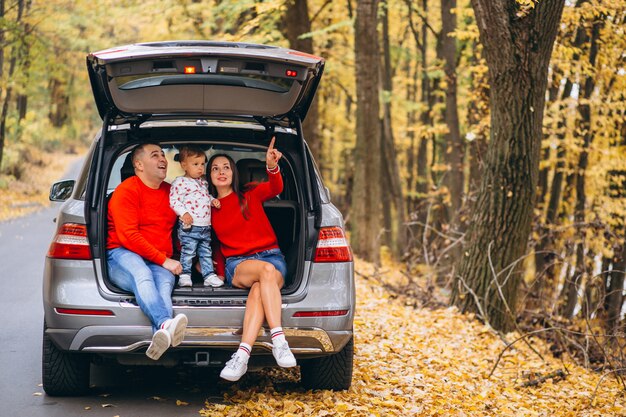 Familia con un pequeño hijo en el parque otoño sentado en el coche