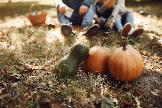 Familia con pequeño hijo en un parque de otoño