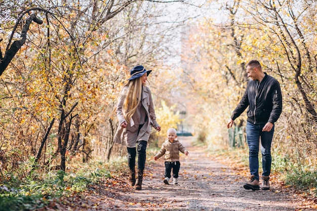 Familia con un pequeño hijo en el parque otoño