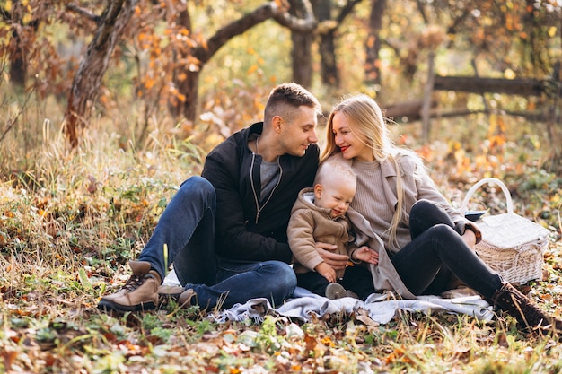Familia que tiene pequeño picnic con su hijo en el parque otoño