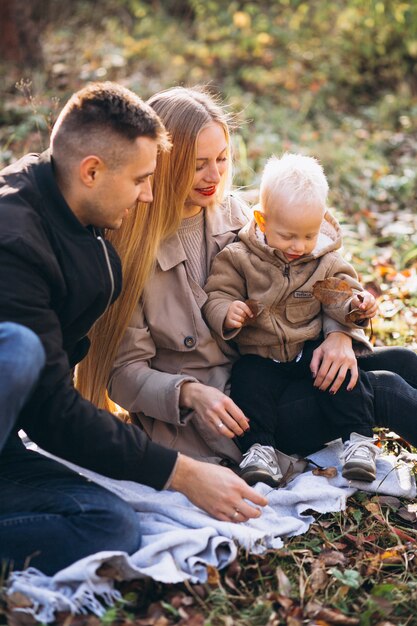 Familia que tiene pequeño picnic con su hijo en el parque otoño