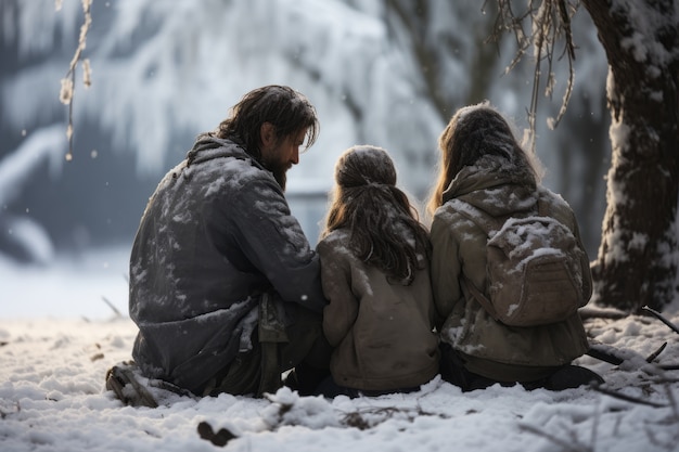 Familia que viaja en condiciones extremas de nieve