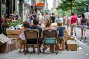 Foto gratuita familia sentada en la calle