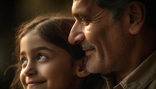 Familia sonriente abraza el amor y la felicidad al aire libre generados por IA