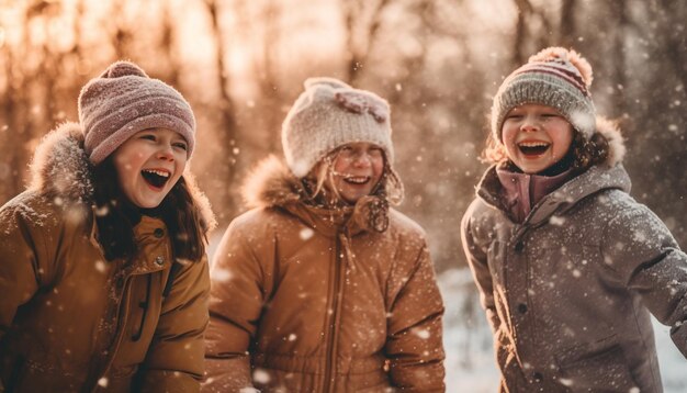 Familia sonriente abraza el invierno disfrutando de la nieve al aire libre generado por IA