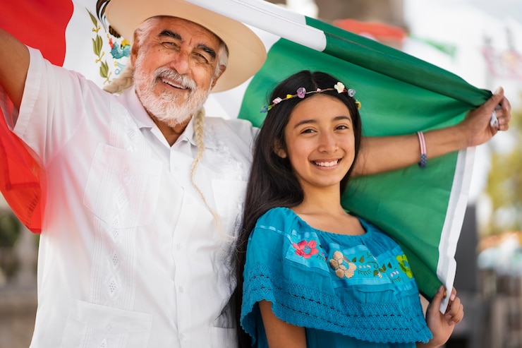 Foto gratuito familia sonriente con tiro medio de bandera mexicana