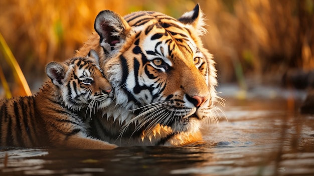 Familia de tigres feroces en la naturaleza