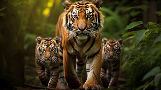 Familia de tigres feroces en la naturaleza