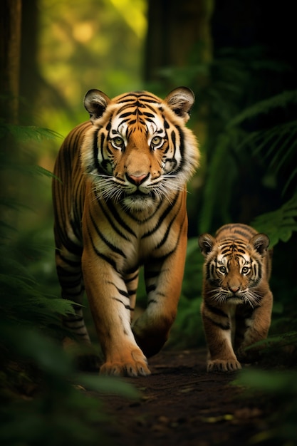 Familia de tigres feroces en la naturaleza