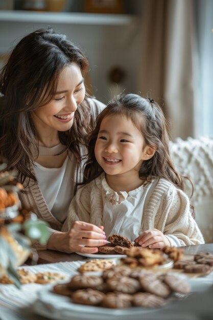 Familia de tiro medio comiendo un delicioso chocolate