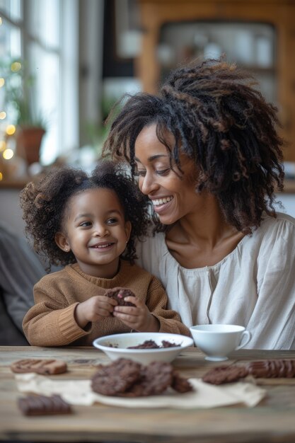 Familia de tiro medio comiendo un delicioso chocolate