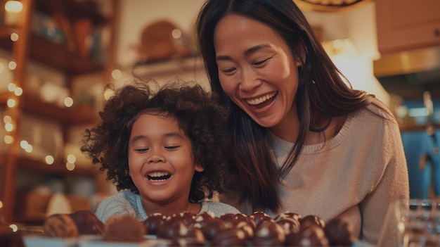 Familia de tiro medio comiendo un delicioso chocolate