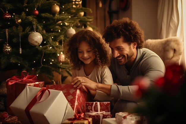 Familia de tomas medianas celebrando la Navidad en casa